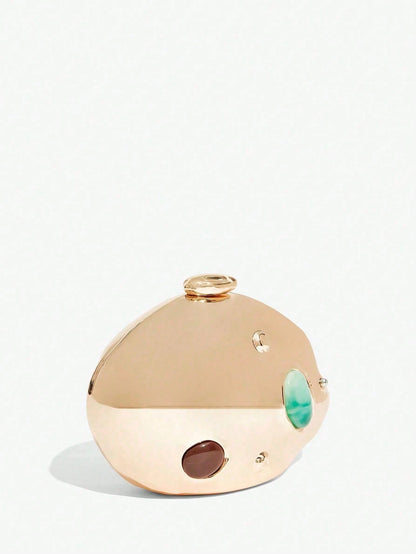 Luxury Gold Hard Box EveningBag Colored Stone Inlay Clutch Crossbody Purse Elegant Perfect For Cocktail Party Prom Club Date Night Birthdaygold Purse