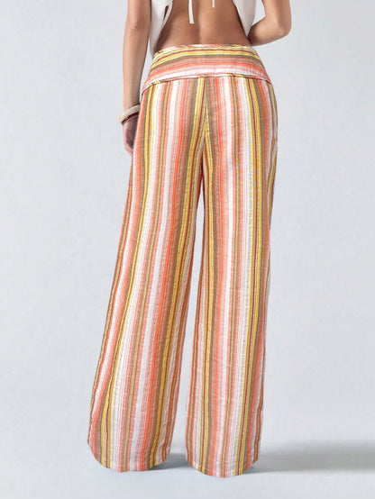 LYSMO Women's Striped Tie-Up Patchwork Long Pants,Cargo Pants