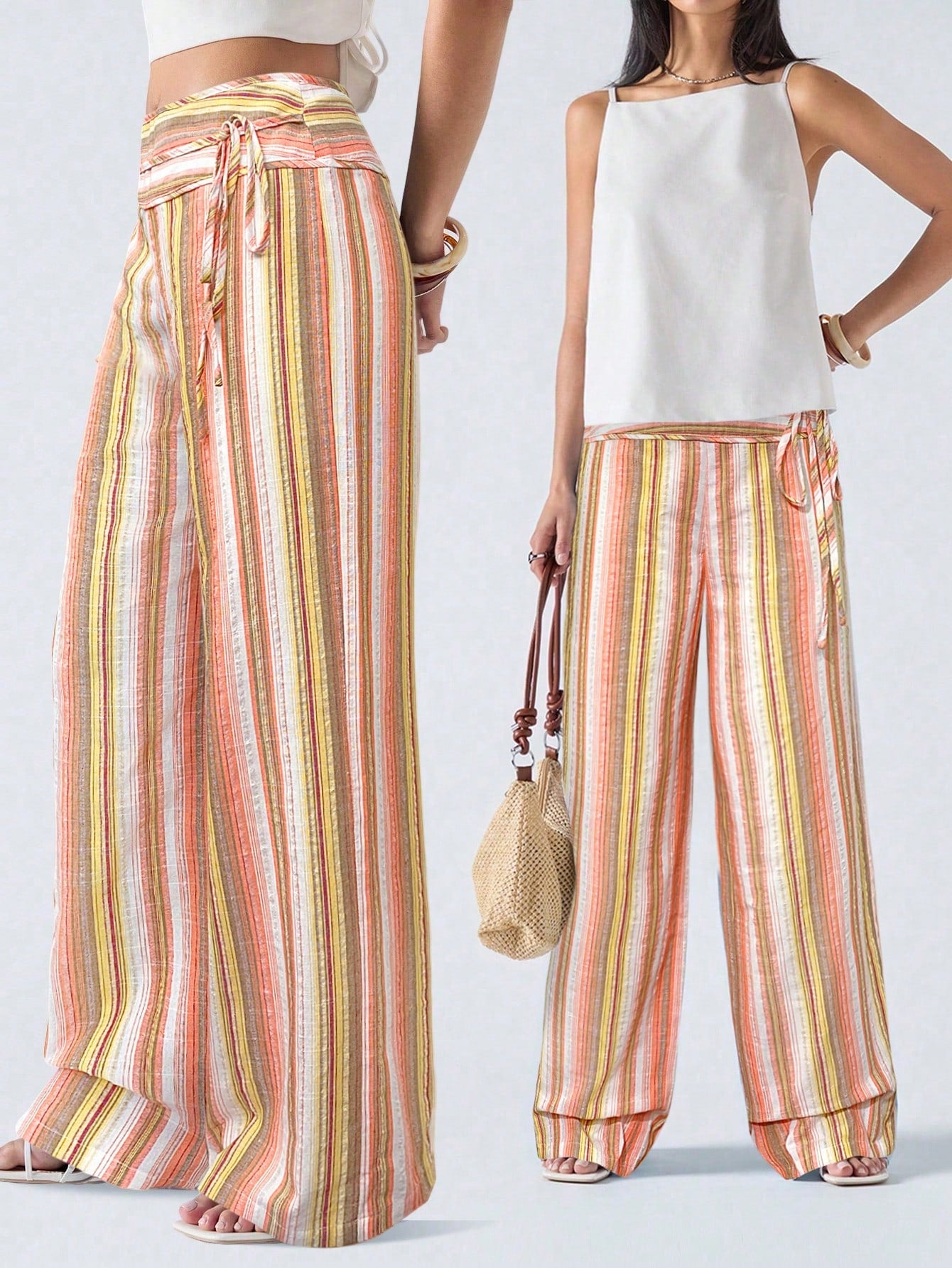 LYSMO Women's Striped Tie-Up Patchwork Long Pants,Cargo Pants