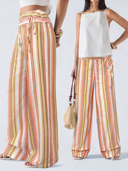 LYSMO Women's Striped Tie-Up Patchwork Long Pants,Cargo Pants