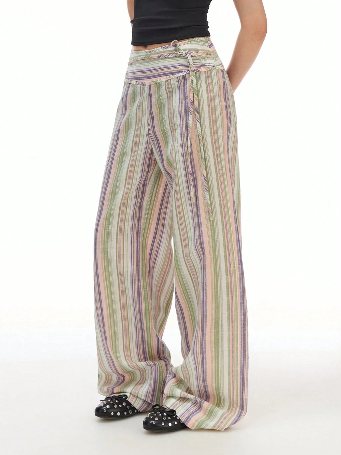 LYSMO Women's Striped Tie-Up Patchwork Long Pants,Cargo Pants