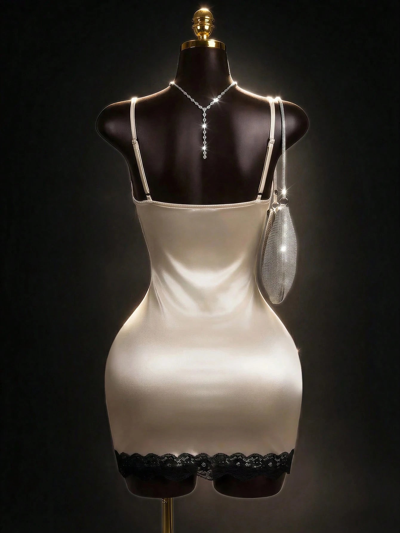 Lyxana Women's Elegant Lace Trim Satin Slip Mini Dress,Cream Summer Nightclub Bodycon Camisole Dress,Adjustable Spaghetti Strap Luxury Clubwear Party