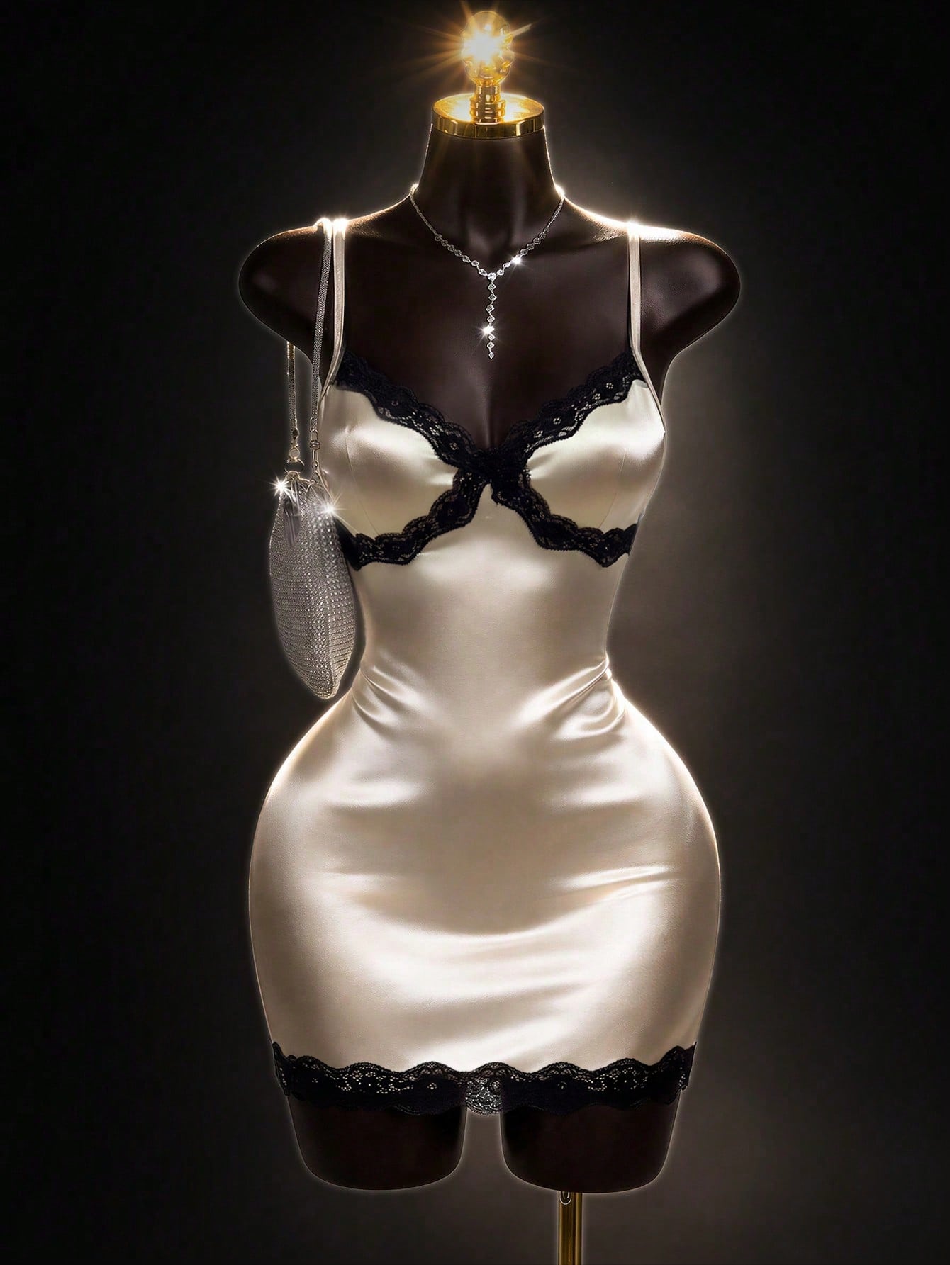 Lyxana Women's Elegant Lace Trim Satin Slip Mini Dress,Cream Summer Nightclub Bodycon Camisole Dress,Adjustable Spaghetti Strap Luxury Clubwear Party