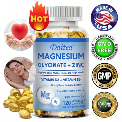 Magnesium Glycinate & Zinc Supplement With Vitamins D3 & B6- Supports Bone Health & Promotes Restful Sleep- 120 Softgels