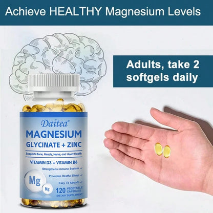 Magnesium Glycinate & Zinc Supplement With Vitamins D3 & B6- Supports Bone Health & Promotes Restful Sleep- 120 Softgels