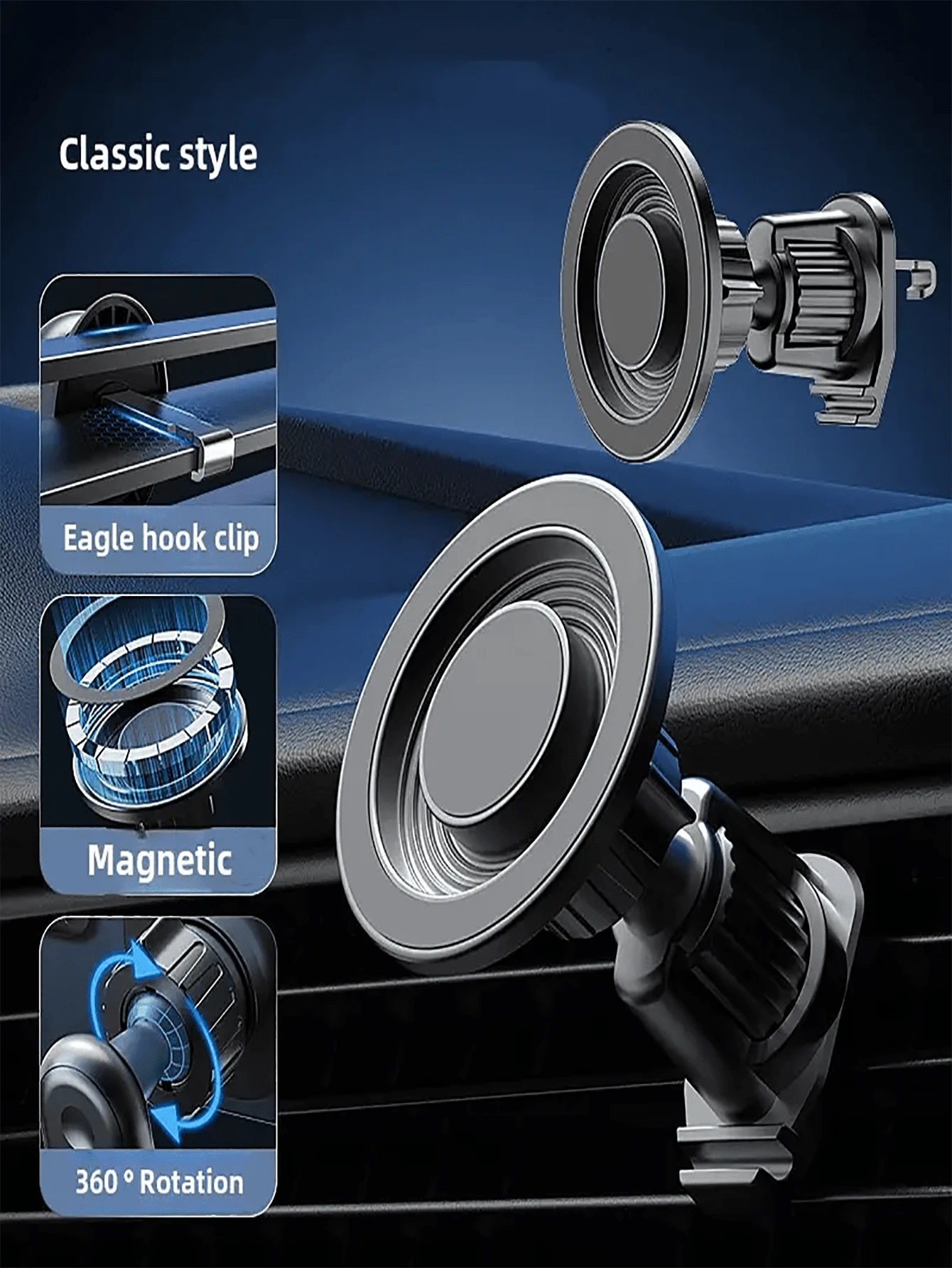 Magnetic Car Phone Holder- Strong Magnet, Adjustable Car Magnetic Phone Mount, 360° Rotating Air Vent Mount, Suitable For Smartphone Navigation, Sturdy Anti-Vibration ABS Holder, Vehicle Accessory