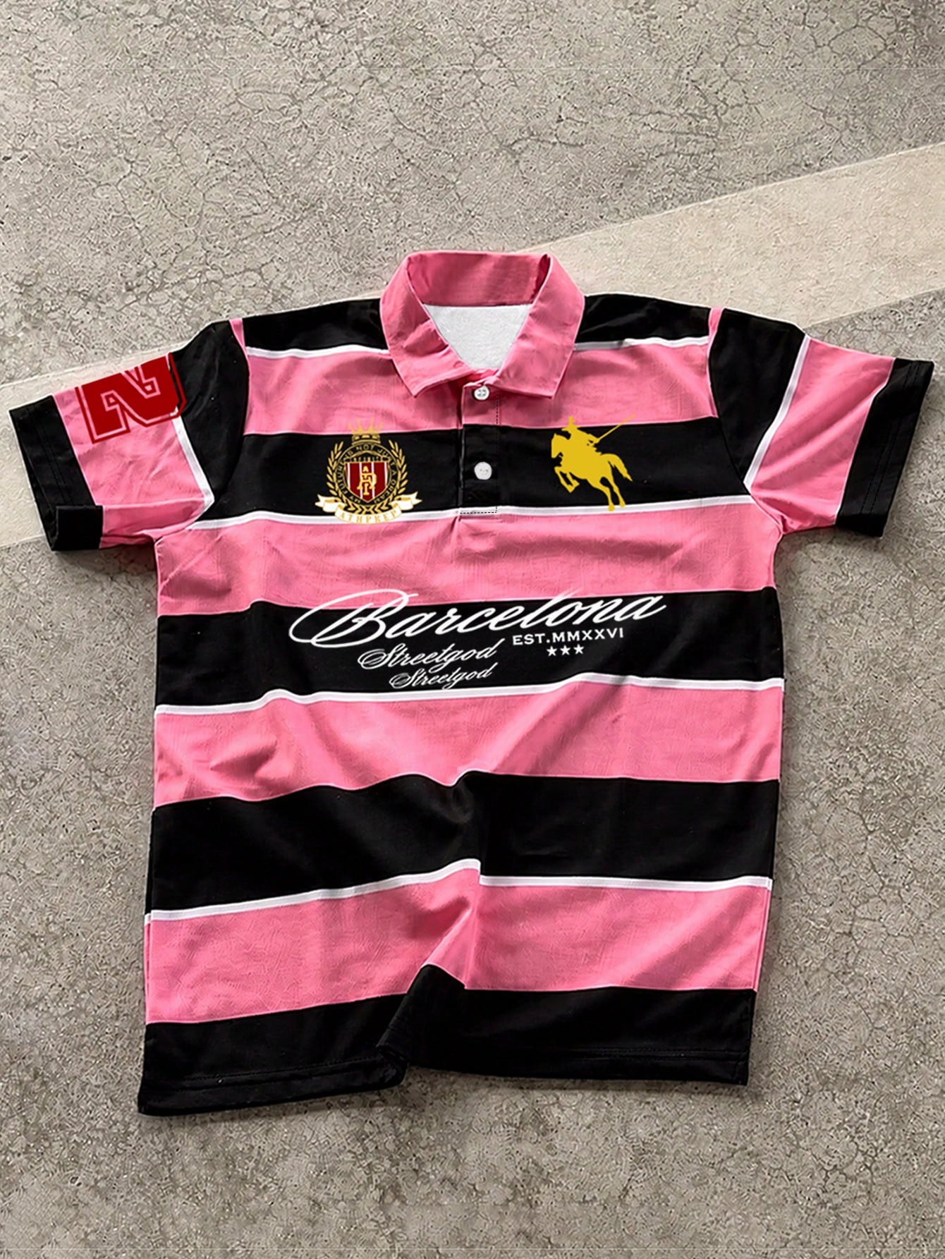 Manfinity EMRG Men's Colorblock Striped & Letter Print Short Sleeve Polo Shirt, Summer