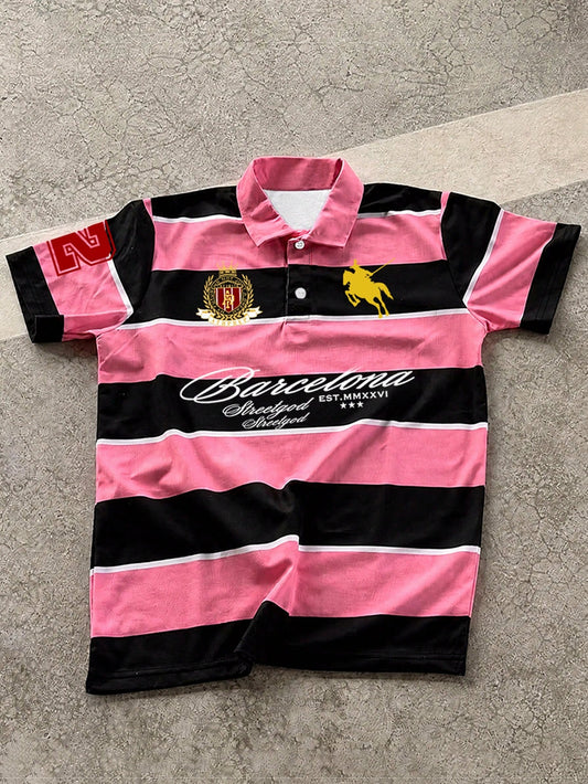 Manfinity EMRG Men's Colorblock Striped & Letter Print Short Sleeve Polo Shirt, Summer