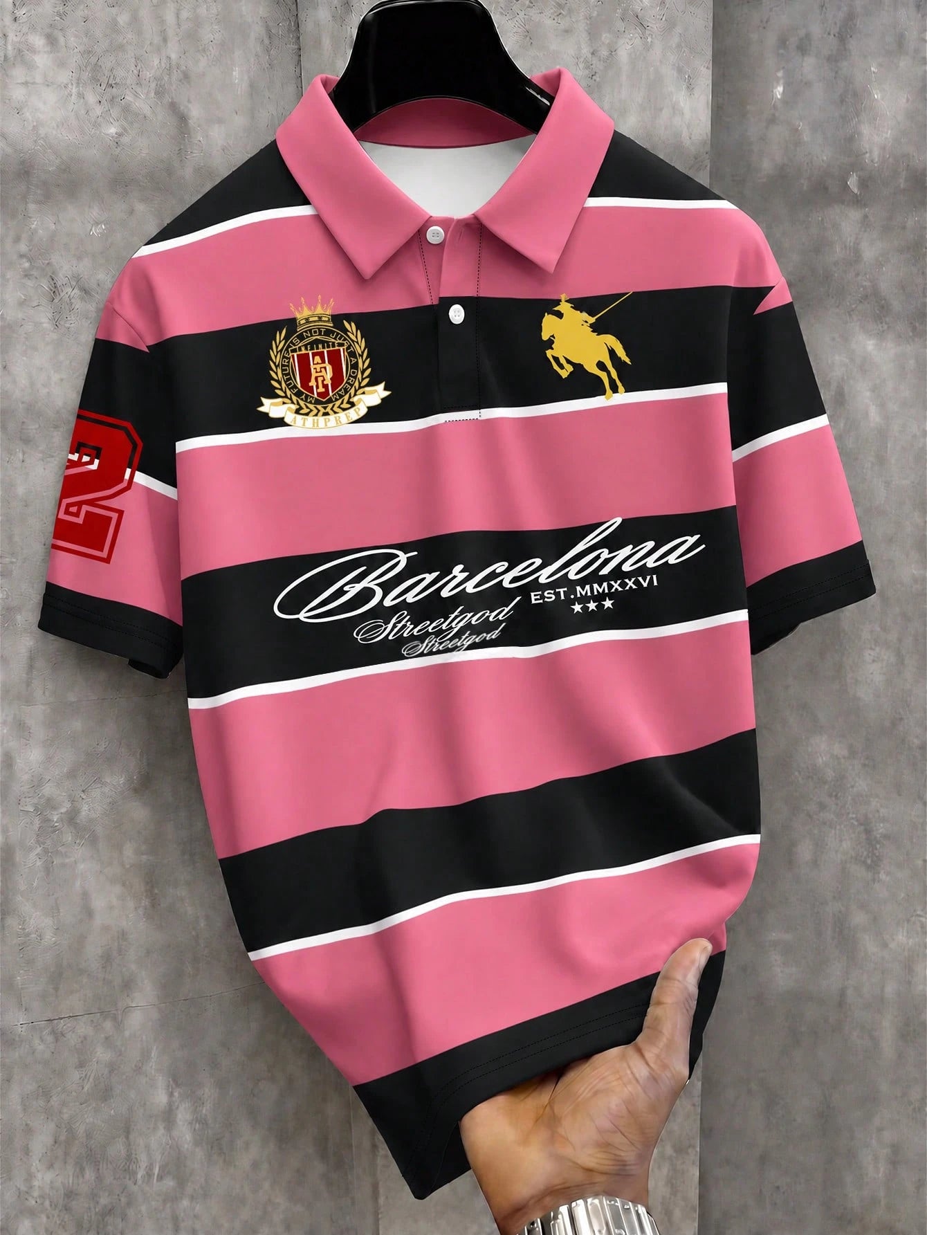 Manfinity EMRG Men's Colorblock Striped & Letter Print Short Sleeve Polo Shirt, Summer