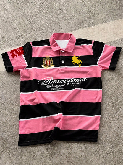 Manfinity EMRG Men's Colorblock Striped & Letter Print Short Sleeve Polo Shirt, Summer