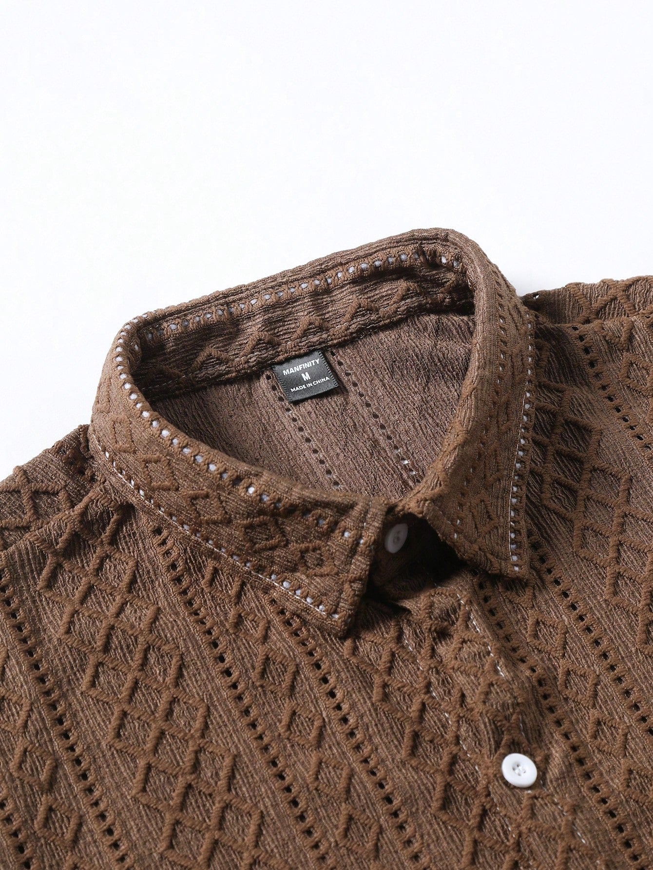Manfinity Homme Men's Solid Color Single-Breasted Knitted Argyle Casual Short Sleeve Shirt Brown Shirt Men