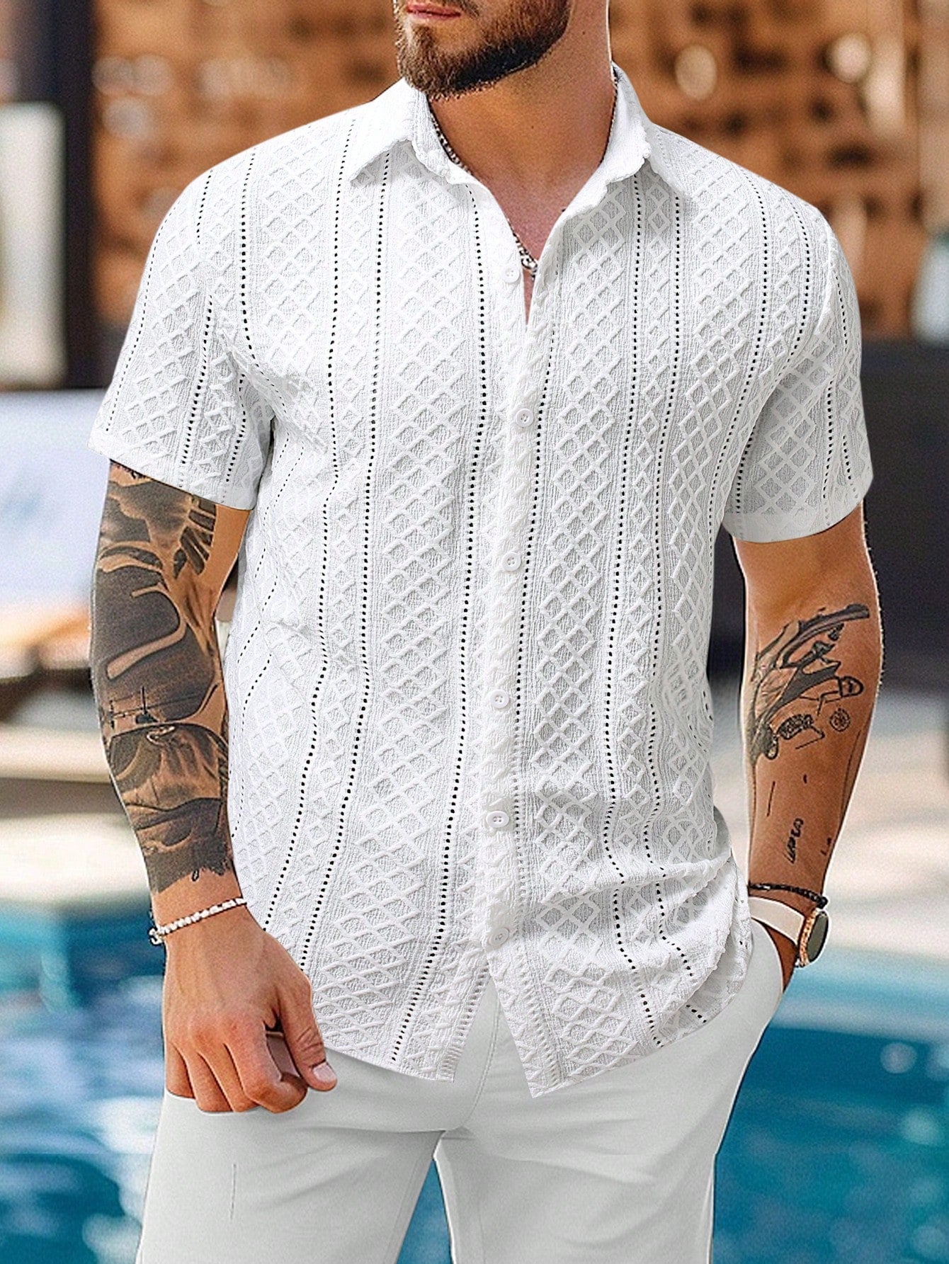 Manfinity Homme Men's Solid Color Single-Breasted Knitted Argyle Casual Short Sleeve Shirt Brown Shirt Men