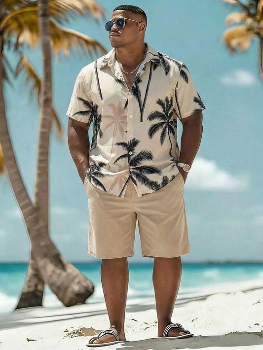 Manfinity RSRT Plus Size Men's Coconut Tree Print Single-Breasted Short Sleeve Top And Pocket Shorts Casual Holiday Beach Set