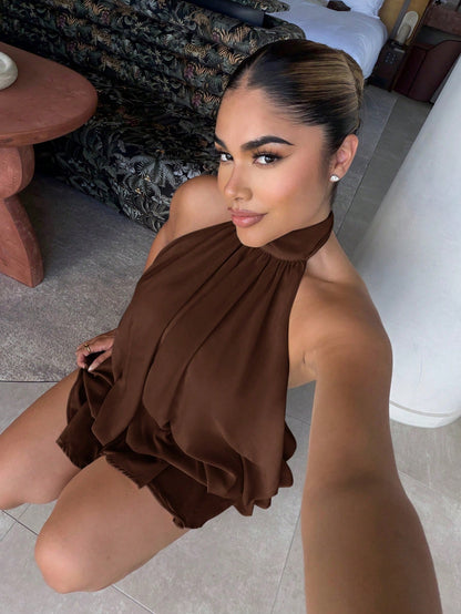 Maria Perezxox Women's Elegant Light Yellow Halter Tie Mini Dress,Party Dress,Elegant Dresses For Women,Party Dresses For Women