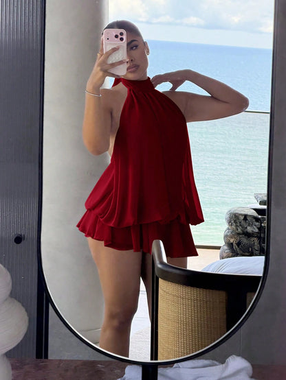 Maria Perezxox Women's Elegant Light Yellow Halter Tie Mini Dress,Party Dress,Elegant Dresses For Women,Party Dresses For Women