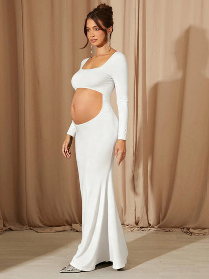MaterniChic Elegant Sexy Solid Color Hollow Out Fitted Maternity Dress