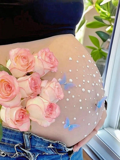 Maternity Belly Stickers Crystal Stickers Diamond Party Photo Pregnant Woman Photo Colorful Pearl Heart 3D Decorative Pattern (Butterfly Set), Not A Baby Toy