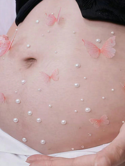 Maternity Belly Stickers Crystal Stickers Diamond Party Photo Pregnant Woman Photo Colorful Pearl Heart 3D Decorative Pattern (Butterfly Set), Not A Baby Toy