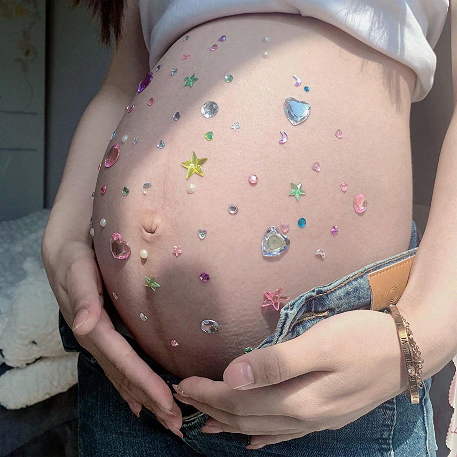 Maternity Belly Stickers Crystal Stickers Diamond Party Photo Pregnant Woman Photo Colorful Pearl Heart 3D Decorative Pattern (Butterfly Set), Not A Baby Toy