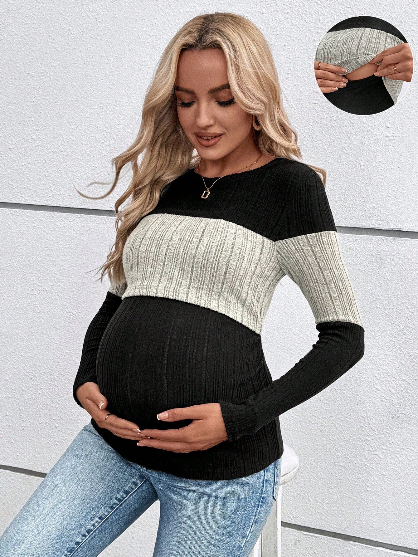 Maternity Casual Color Block Round Neck Long Sleeve Nursing Clothes Long Pregnancy T-Shirt For Spring And Autumn Fall