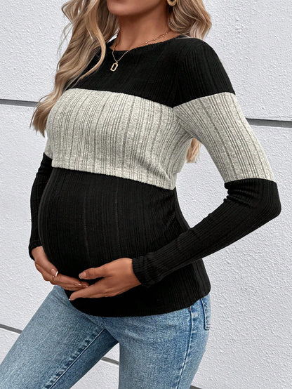 Maternity Casual Color Block Round Neck Long Sleeve Nursing Clothes Long Pregnancy T-Shirt For Spring And Autumn Fall