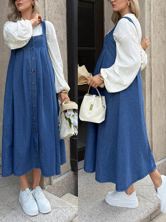 Maternity Casual Denim Dress With Pockets,Dusty Blue Summer Baby Shower Dress,Elegant Chic Y2k Streetwear For Party,Wedding,Vacation And Graduation