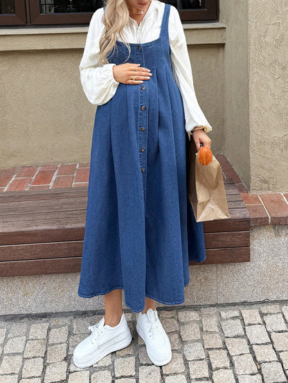 Maternity Casual Denim Dress With Pockets,Dusty Blue Summer Baby Shower Dress,Elegant Chic Y2k Streetwear For Party,Wedding,Vacation And Graduation