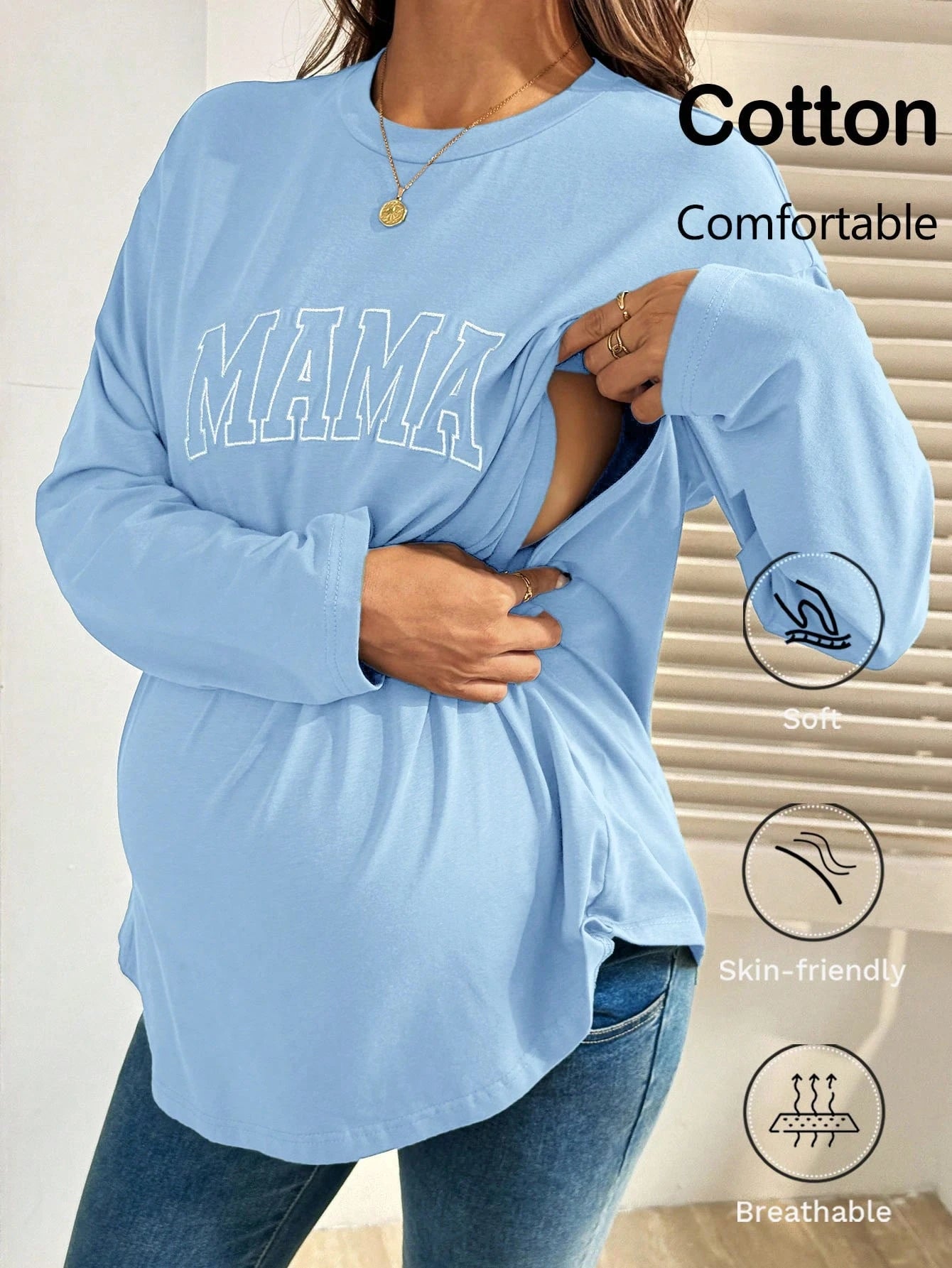 Maternity Casual Letter Embroidery Nursing Top, Autumn Mama Shirts Long T Shirt For Women Pregnancy Breastfeeding Fall