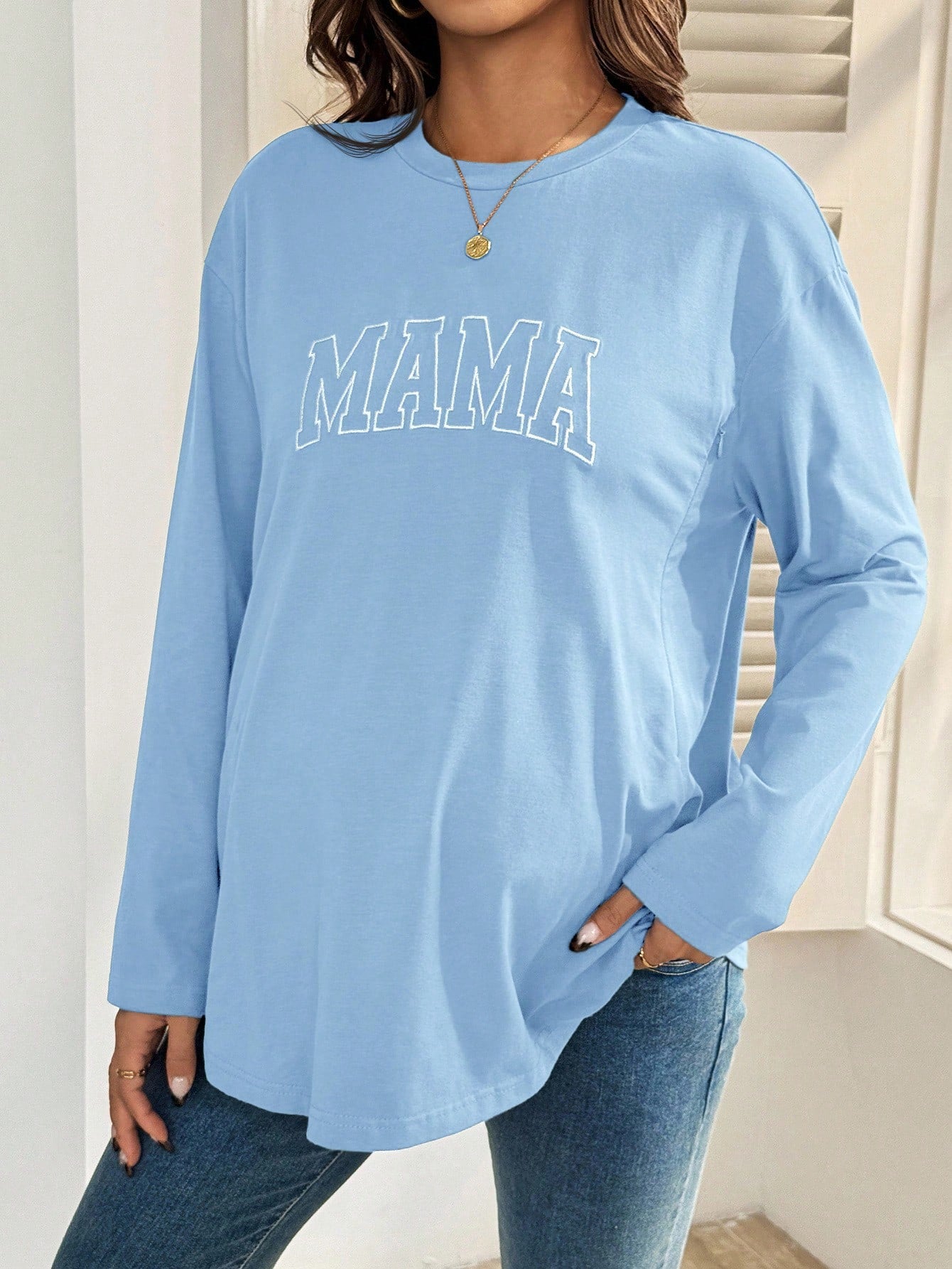 Maternity Casual Letter Embroidery Nursing Top, Autumn Mama Shirts Long T Shirt For Women Pregnancy Breastfeeding Fall