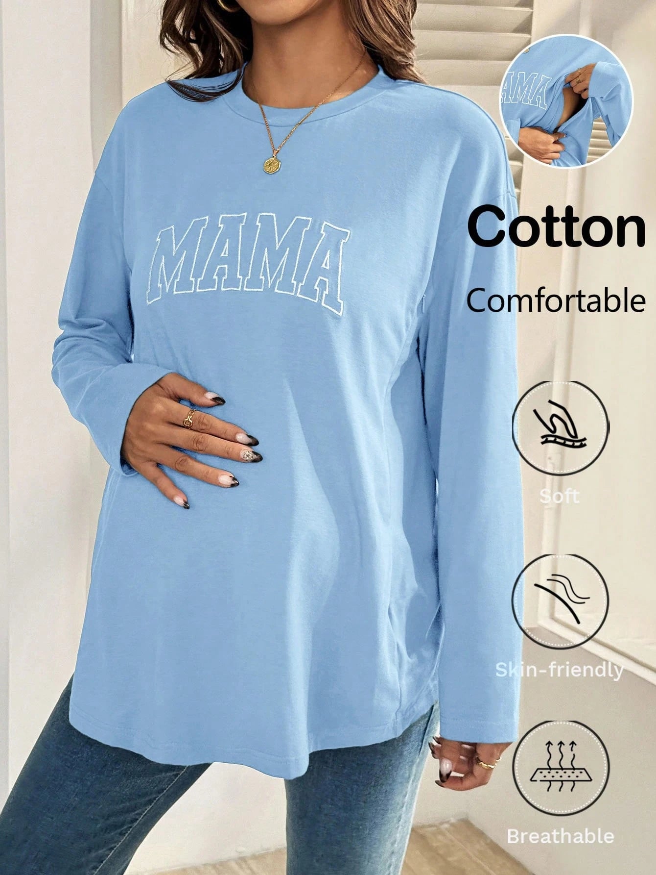 Maternity Casual Letter Embroidery Nursing Top, Autumn Mama Shirts Long T Shirt For Women Pregnancy Breastfeeding Fall