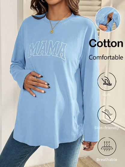 Maternity Casual Letter Embroidery Nursing Top, Autumn Mama Shirts Long T Shirt For Women Pregnancy Breastfeeding Fall