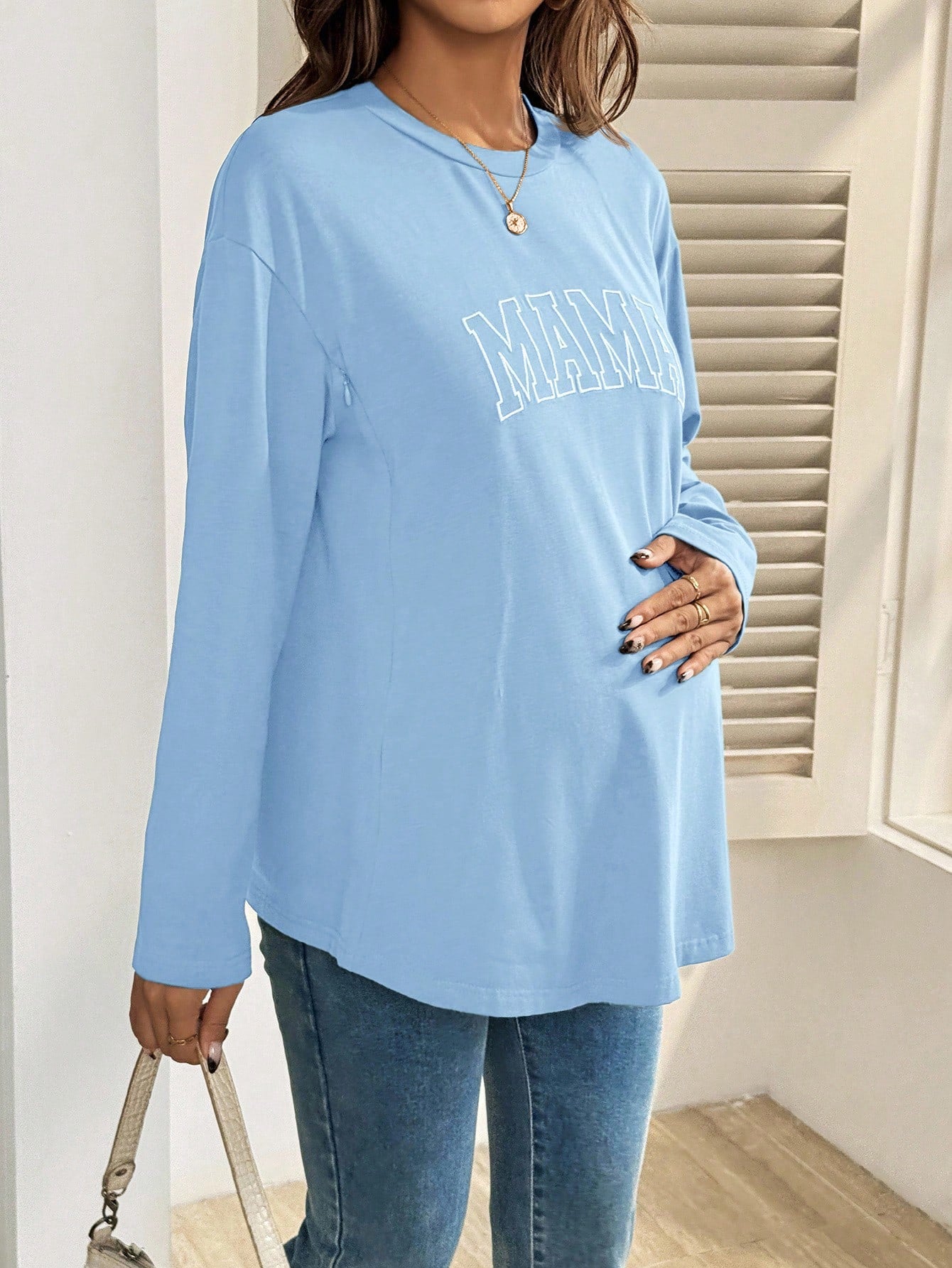 Maternity Casual Letter Embroidery Nursing Top, Autumn Mama Shirts Long T Shirt For Women Pregnancy Breastfeeding Fall
