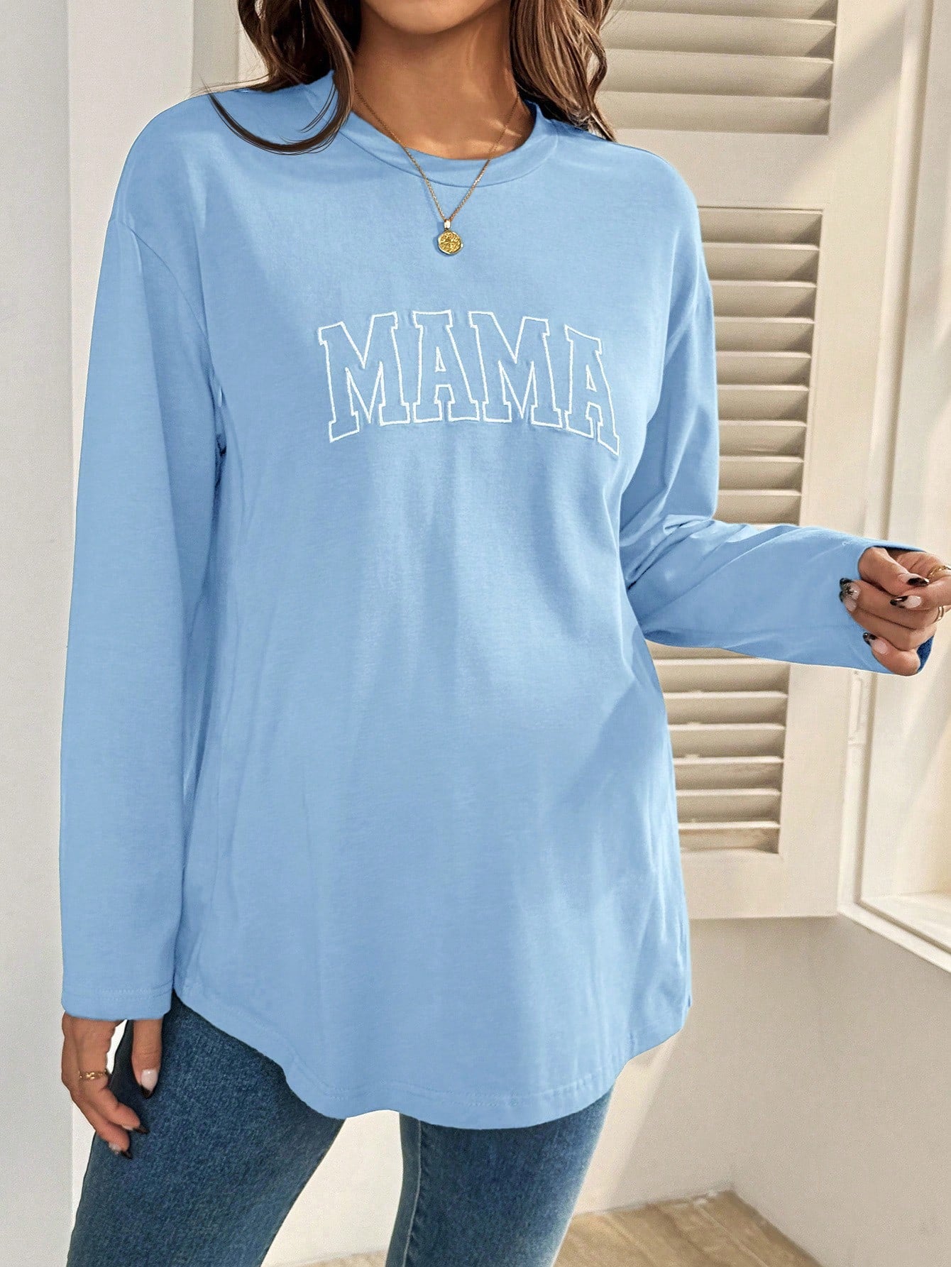 Maternity Casual Letter Embroidery Nursing Top, Autumn Mama Shirts Long T Shirt For Women Pregnancy Breastfeeding Fall