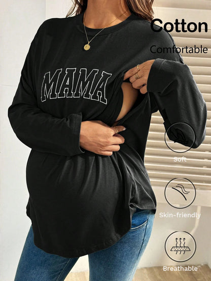 Maternity Casual Letter Embroidery Nursing Top, Autumn Mama Shirts Long T Shirt For Women Pregnancy Breastfeeding Fall