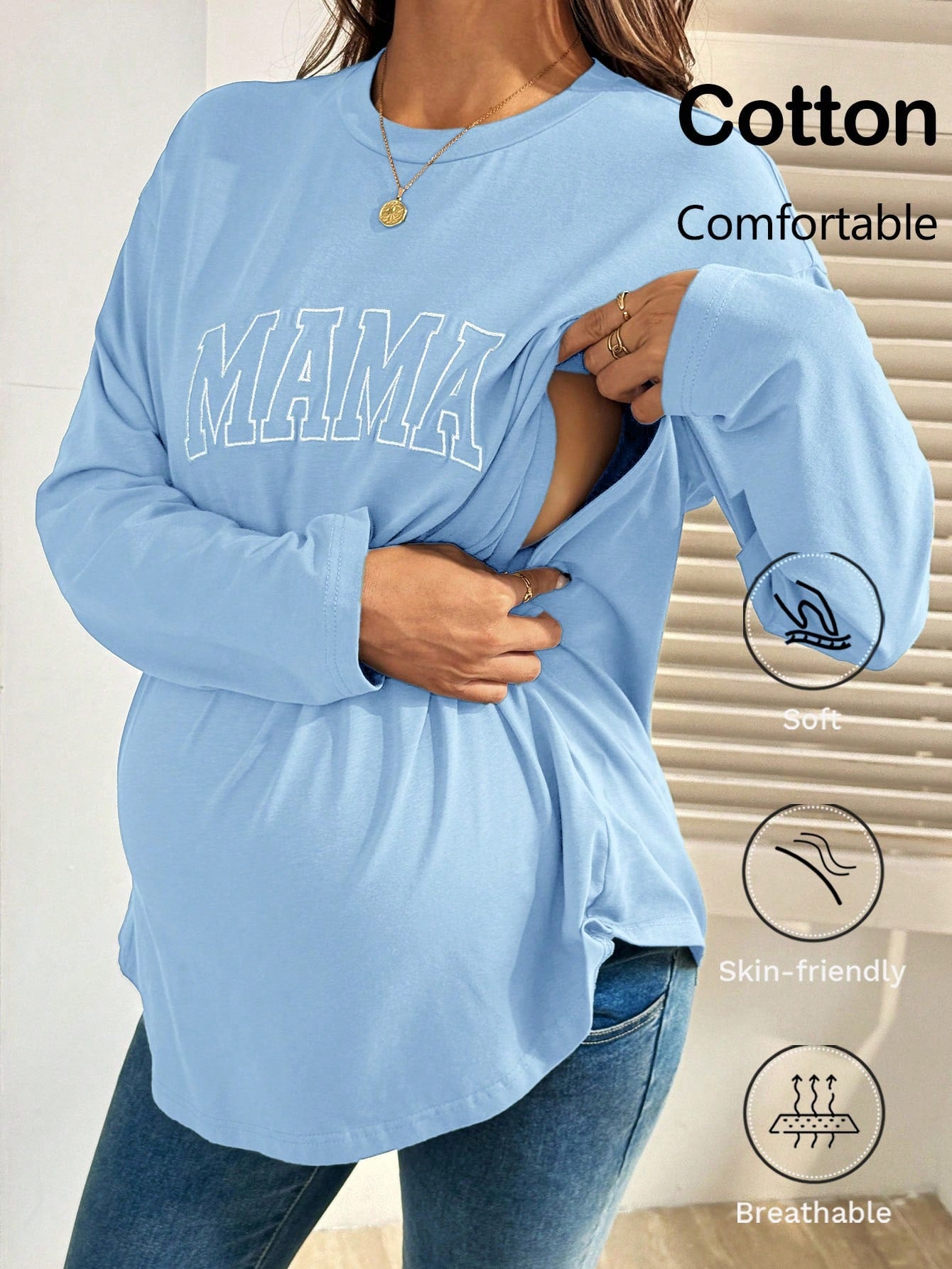 Maternity Casual Letter Embroidery Nursing Top, Autumn Mama Shirts Long T Shirt For Women Pregnancy Breastfeeding Fall