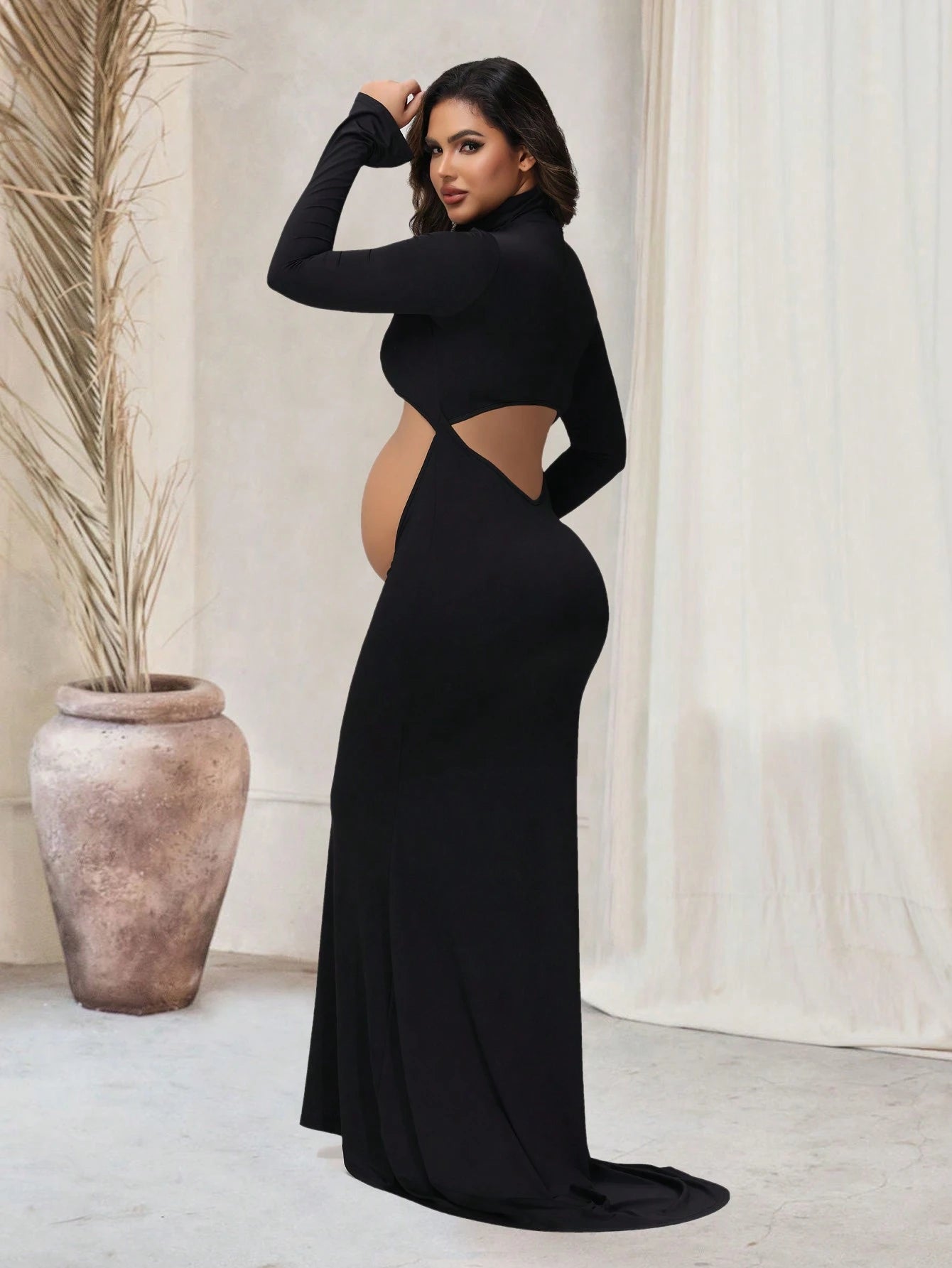 Maternity Crossover Mock Neck Photoshoot Dress Slit Long Sleeves Cutout Mermaid Maxi Gown For Baby Shower
