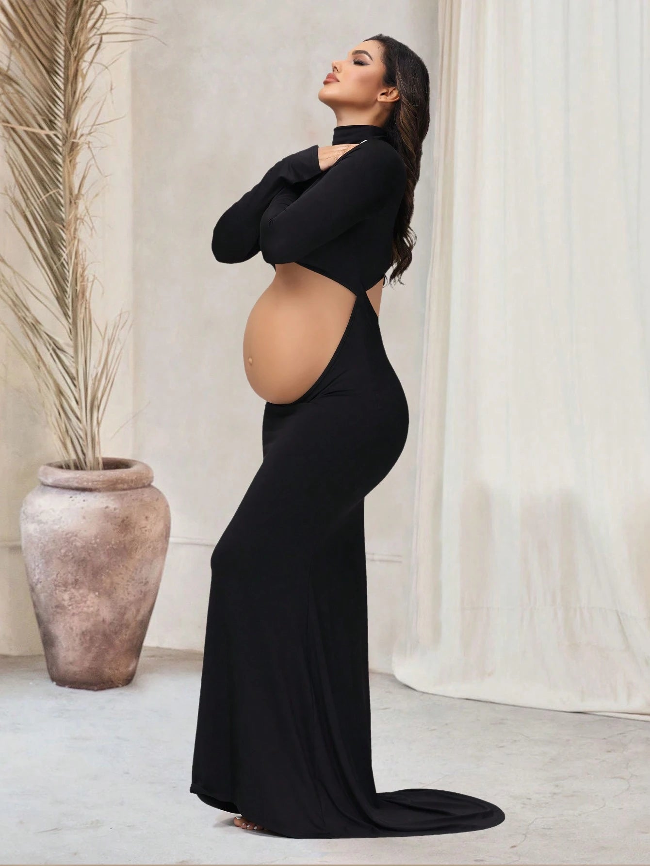 Maternity Crossover Mock Neck Photoshoot Dress Slit Long Sleeves Cutout Mermaid Maxi Gown For Baby Shower