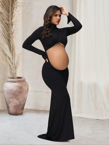 Maternity Crossover Mock Neck Photoshoot Dress Slit Long Sleeves Cutout Mermaid Maxi Gown For Baby Shower