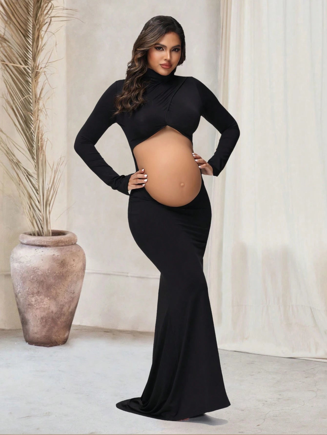 Maternity Crossover Mock Neck Photoshoot Dress Slit Long Sleeves Cutout Mermaid Maxi Gown For Baby Shower