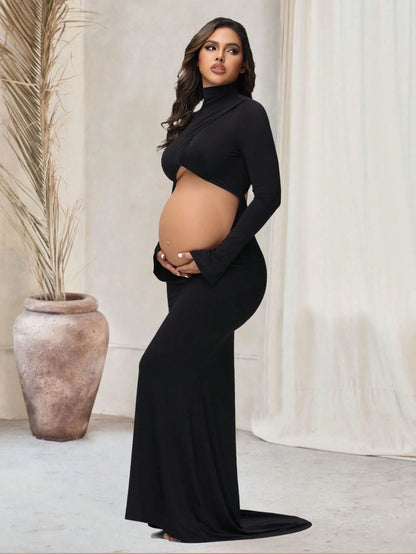 Maternity Crossover Mock Neck Photoshoot Dress Slit Long Sleeves Cutout Mermaid Maxi Gown For Baby Shower