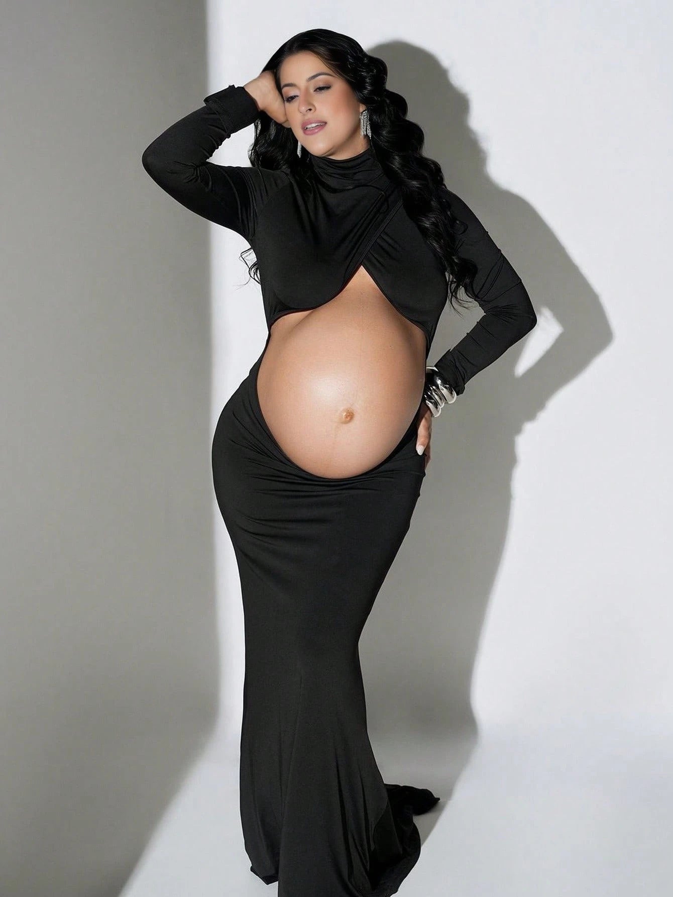 Maternity Crossover Mock Neck Photoshoot Dress Slit Long Sleeves Cutout Mermaid Maxi Gown For Baby Shower