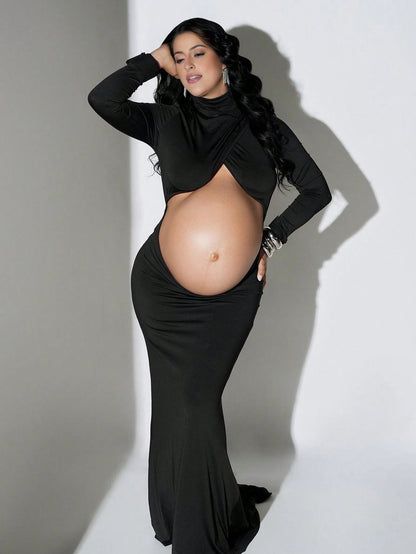 Maternity Crossover Mock Neck Photoshoot Dress Slit Long Sleeves Cutout Mermaid Maxi Gown For Baby Shower