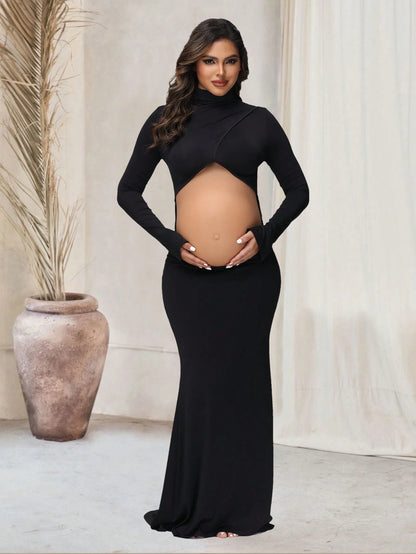 Maternity Crossover Mock Neck Photoshoot Dress Slit Long Sleeves Cutout Mermaid Maxi Gown For Baby Shower