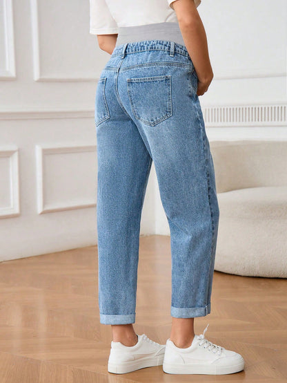 Maternity Distressed Color Block High Waist Jeans