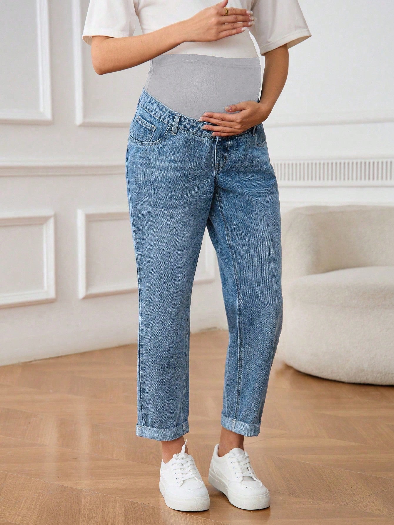 Maternity Distressed Color Block High Waist Jeans
