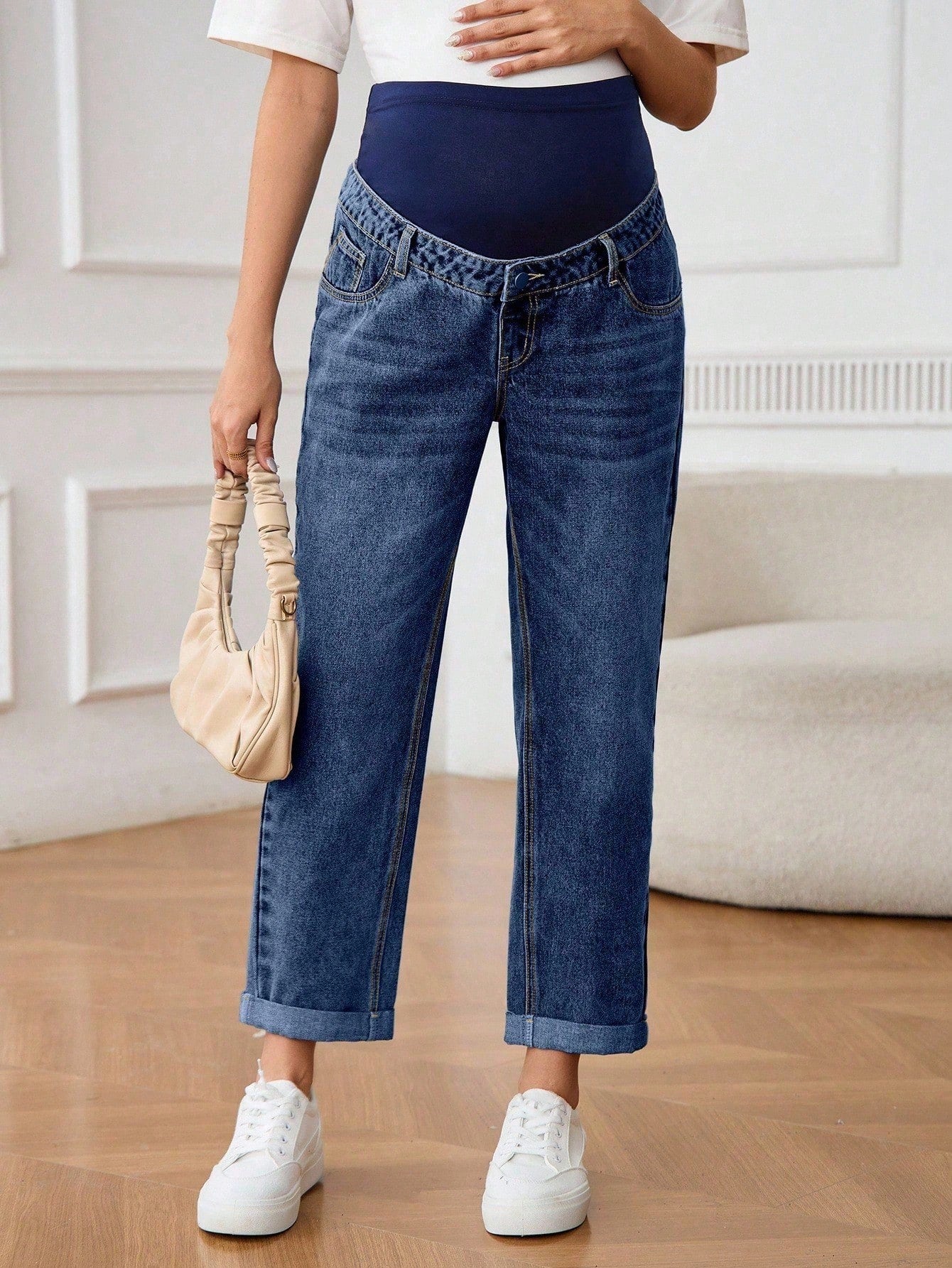 Maternity Distressed Color Block High Waist Jeans
