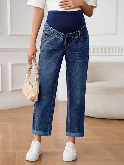 Maternity Distressed Color Block High Waist Jeans