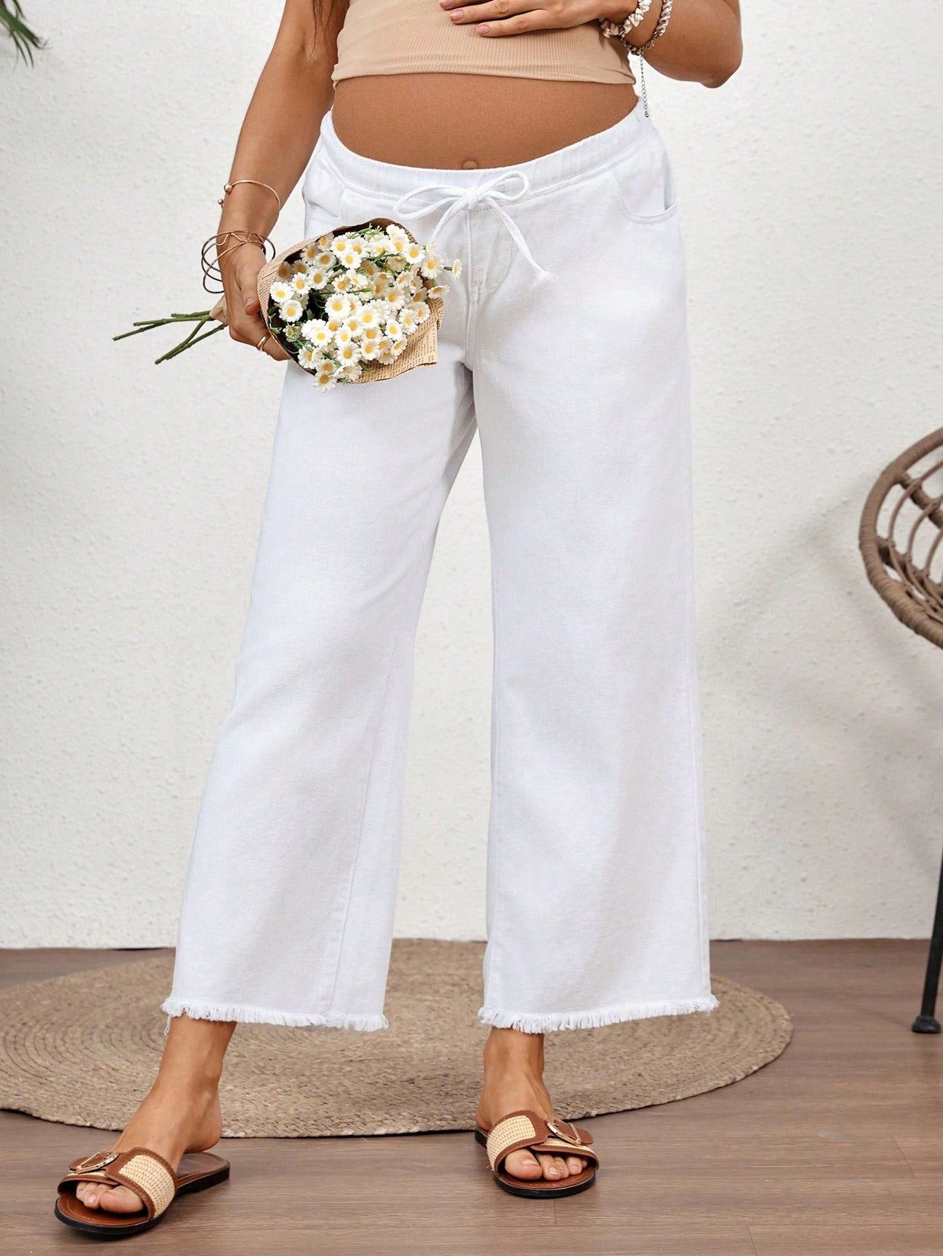 Maternity Low Waist Lace-Up Pocket Casual Denim Wide Leg Pants Summer Fall Festival Beach Party Elegant Graduation Going Out Casual Under Bump Jeans