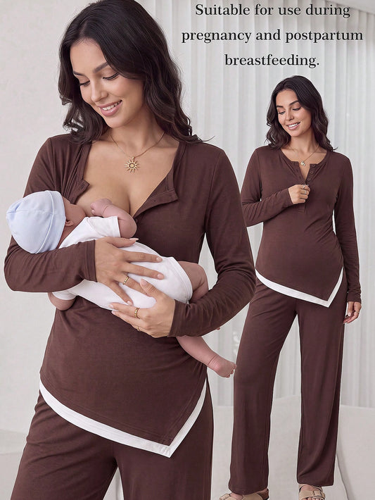 Maternity Nursing Functional Button Half-Placket Top And Adjustable Waist Long Pants 2 Pieces Set
