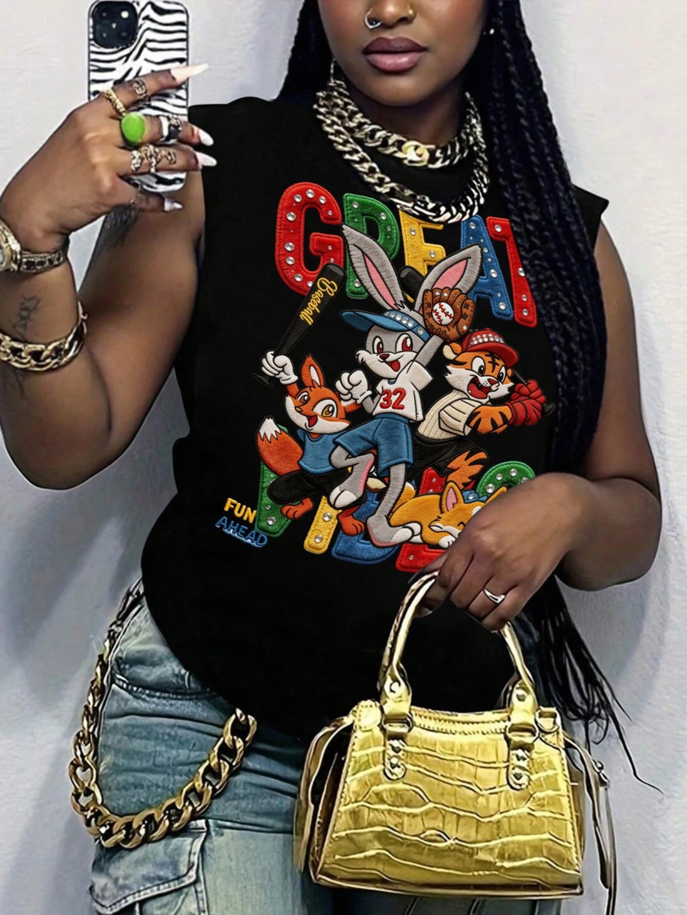 Maweii Plus Size Women Cartoon Print Round Neck Casual Tank Top